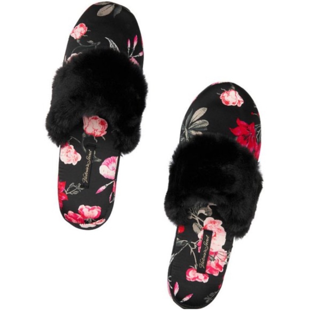 Victoria’s Secret Satin Floral Faux Fur Trim Indoor Slippers and Matching Pouch